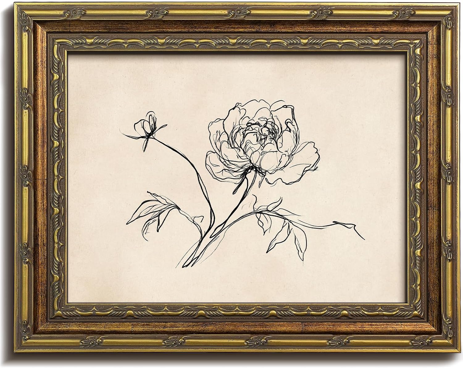 SQGGZH Vintage Gold Framed Wall Art, Retro Peony Line Canvas Art Prints,Rustic Floral Wall Decor for Bedroom Decor, Minimalist Beige Floral Sketch Oil Paintings, Aesthetic Farmhouse Botanical Decor Framed Art Picture for Bedroom Bathroom Living Room Holiday Decor - 9''x12''
