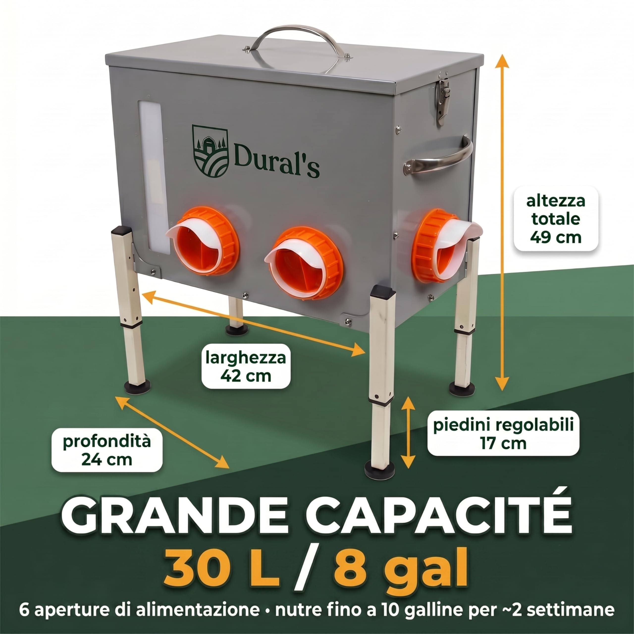 Dural's® Mangiatoia Galline Antitopo Grande Capacità 18 kg – Distributore Automatico di Mangime in Acciaio Zincato, 6 Aperture e Finestra di Livello – Mangiatoia Polli da Esterno Pollaio