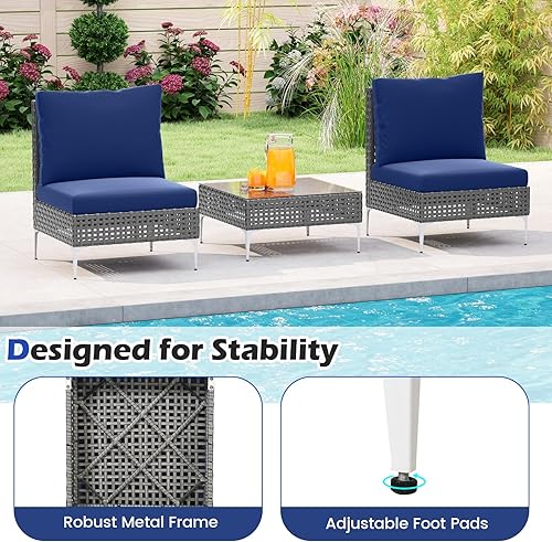 Miniatura 7 de Tangkula Juego de muebles de patio de 3 piezas, sillas de conversación de ratán PE con mesa de centro de vidrio templado, respaldo suave y cojines