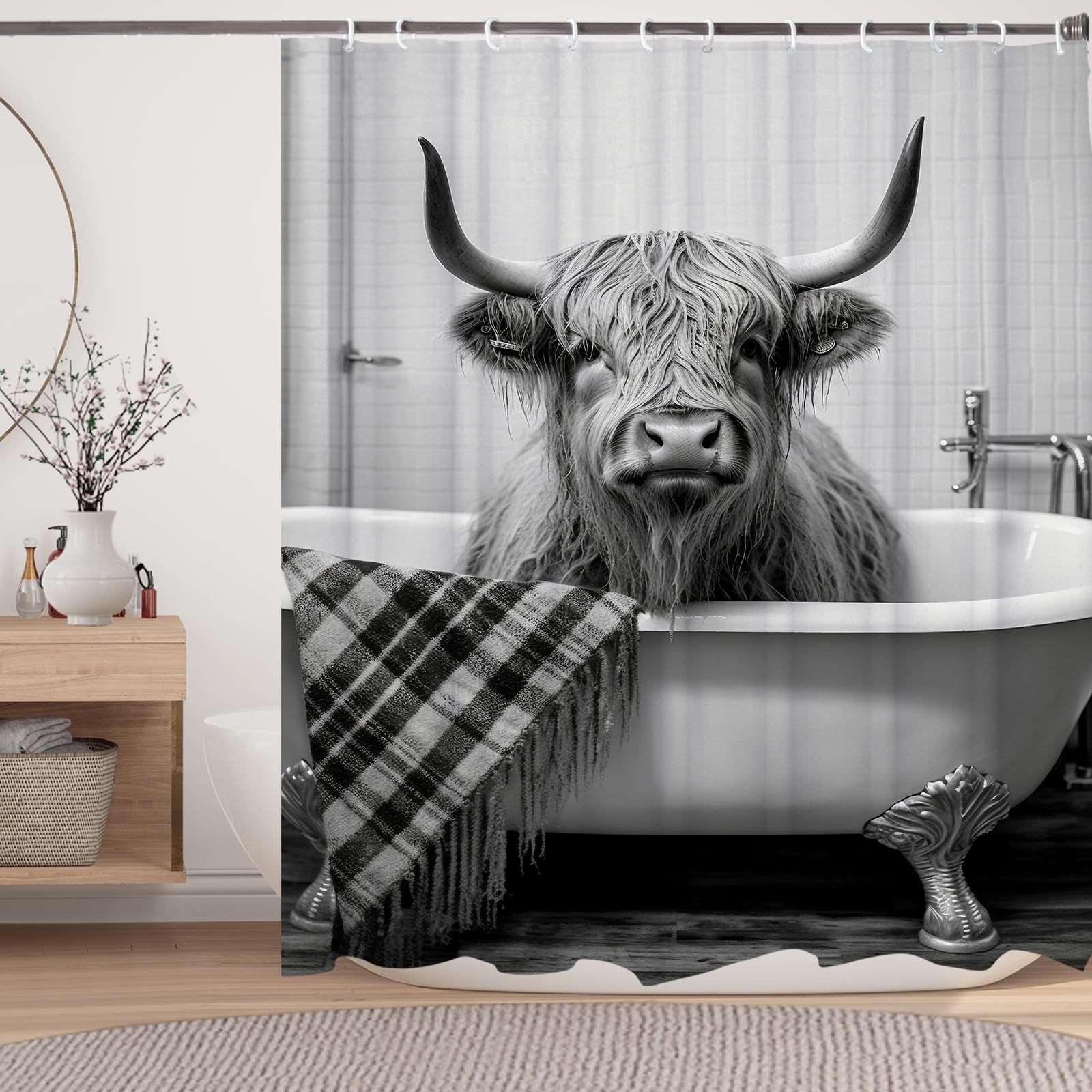 LKFBSC Funny Highland Cattle Cow Bull Shower Curtain, Black and White Cattle Bathing in The Bathtub Shower Curtains Set, Humor Western West Farmhouse