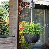 Vista 9 de Glitzhome Maceta colgante de plástico de 30 pulgadas de alto con luces solares, colgador de cesta negra con cadena para plantas