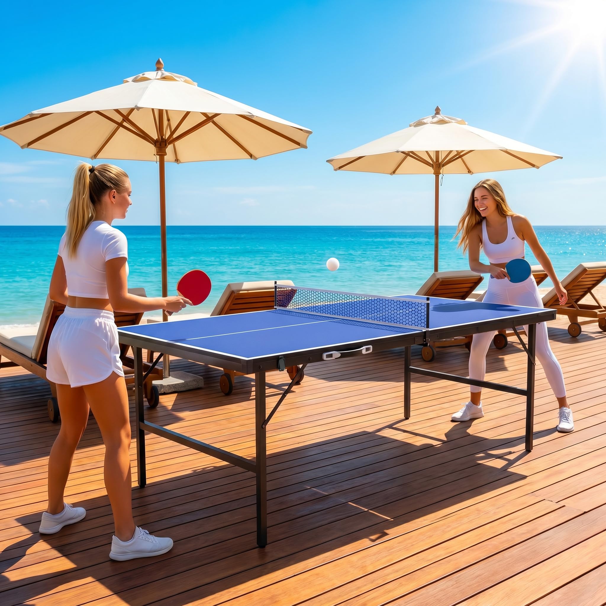 LILIIN Mini tavolo da ping pong pieghevole, design a valigetta, per interni ed esterni, pannello in MDF con rete, 2 racchette e 5 palline, borsa per il trasporto integrata, nero/blu, 152,5 x 76 cm