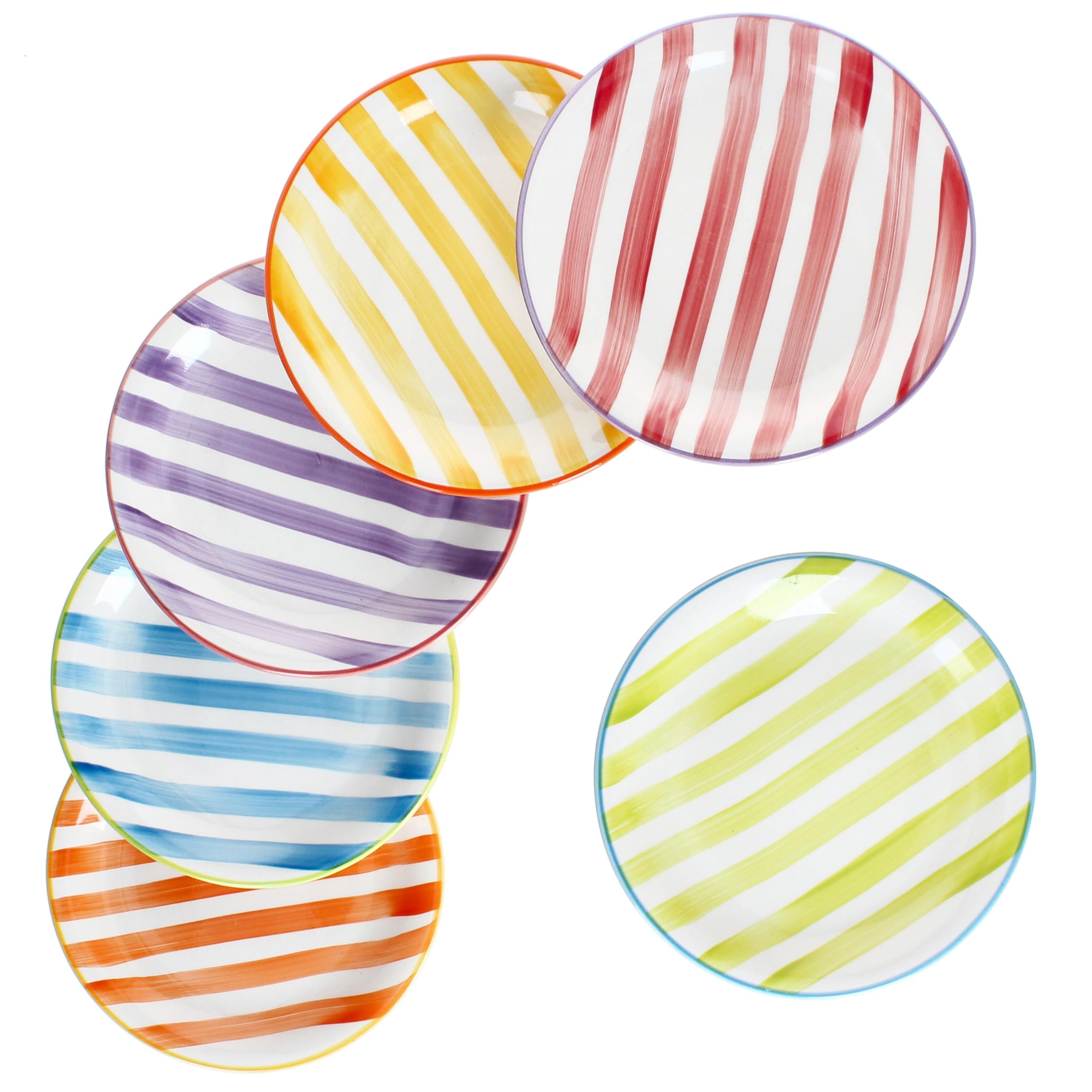 MamboCat Summer Stripes Lot de 6 assiettes à gâteau, en faïence, avec rayures colorées, pour 6 personnes, petites assiettes pour salade, dessert, amuse-bouches, etc.