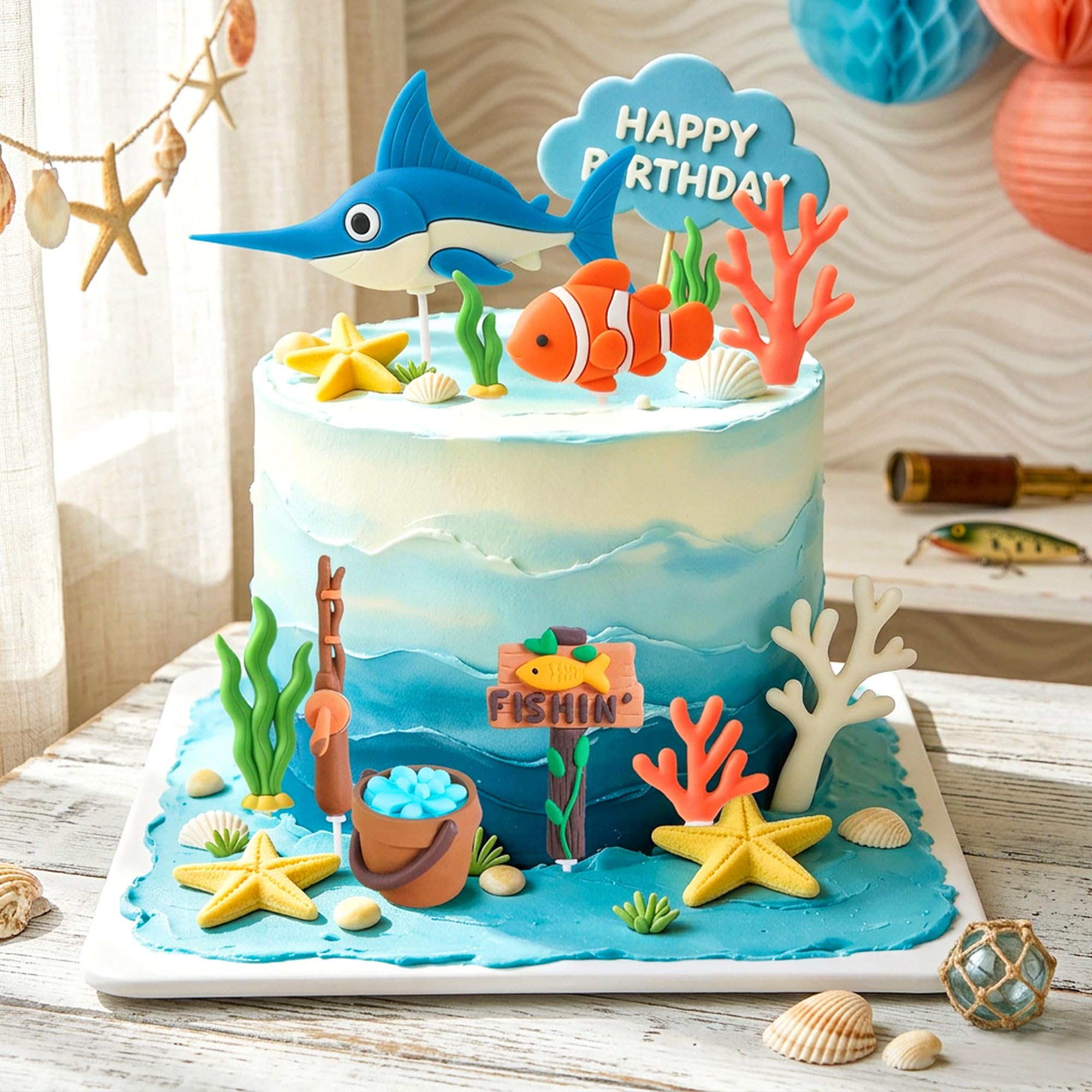 Fishing Cake Topper Fishing Birthday Decorations Gone Fishing Cake Topper, Brown - Image 6