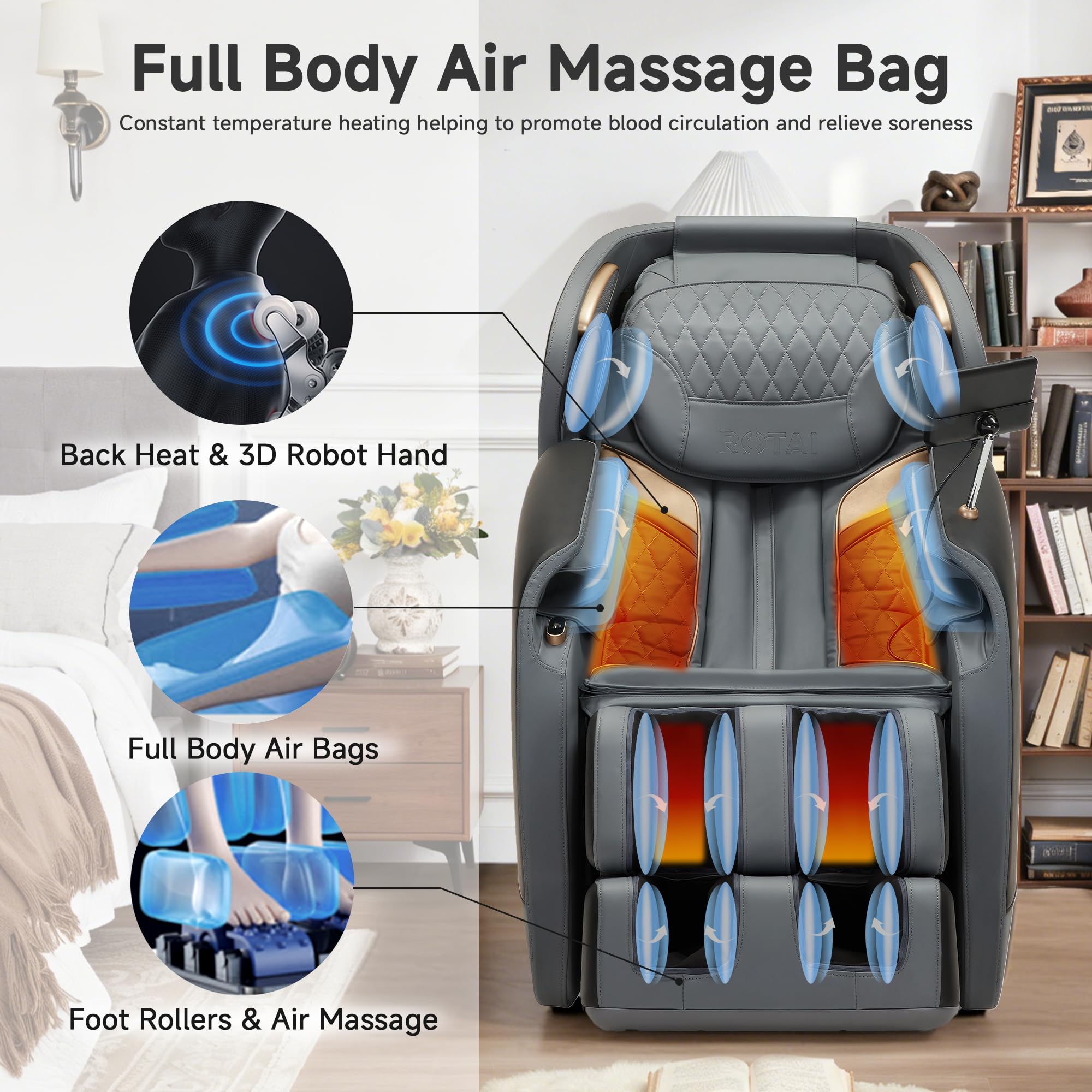 ROTAI Massagesessel, Vollkörper Zero Gravity SL-Spur Shiatsu-Massagesessel mit Heizung, Bluetooth, Fußroller, Wadenknetmassage(Schwarz)