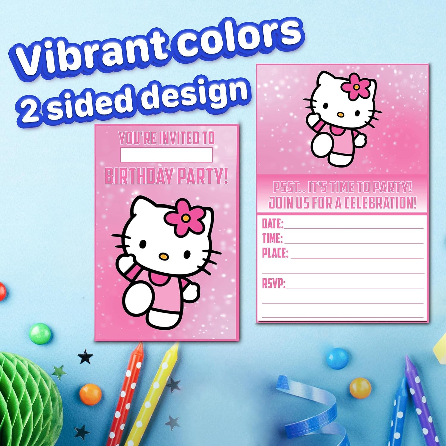 Set of 30 Cute Pink Cat Inspired Happy Birthday Invitation Cards – Lightweight (230g), Postcard Style Invites for the Perfect Party Pack
