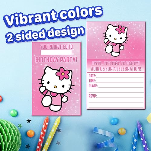 Miniatura 4 de Juego de 20 tarjetas y sobres de invitación de cumpleaños inspirados en gatos rosados, ligeros (8.47 oz), invitaciones estilo postal para el paquete