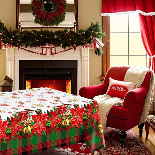 Miniatura 6 de Peryiter 4 manteles de Navidad de 54 x 108 pulgadas, mantel rectangular de Pascua de búfalo rojo y verde, mantel de Pascua rectangular lavable para