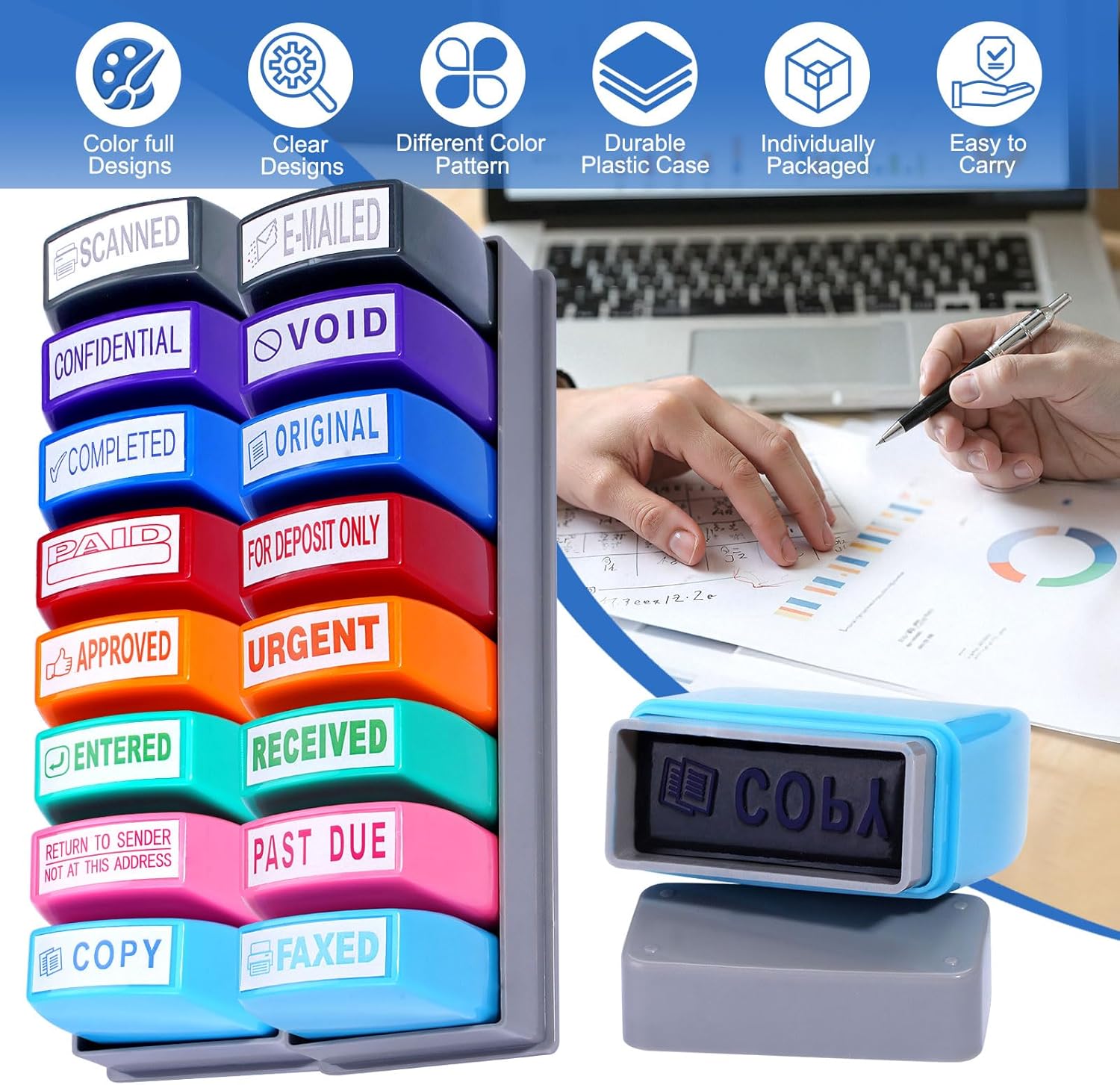 Condition photo showing New/Like New for 16 Pcs Office Stamps Set, Paid Copy Scanned Entered Received Faxed Void Stamp for Deposit Only Stamp and More with Storage Tray, Message Self Inking Rubber Stamp Kit for Business Supplies