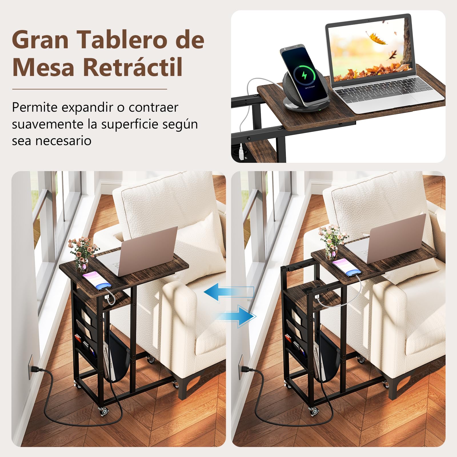 GYMAX Mesa Lateral con 4 Ruedas, Mesa con Superficie Extensible, Mesa en Forma de C, Mesa de Noche con Bolsillo y Estación de Carga, Ideal para Sala de Estar y Dormitorio (Marrón Rústico)