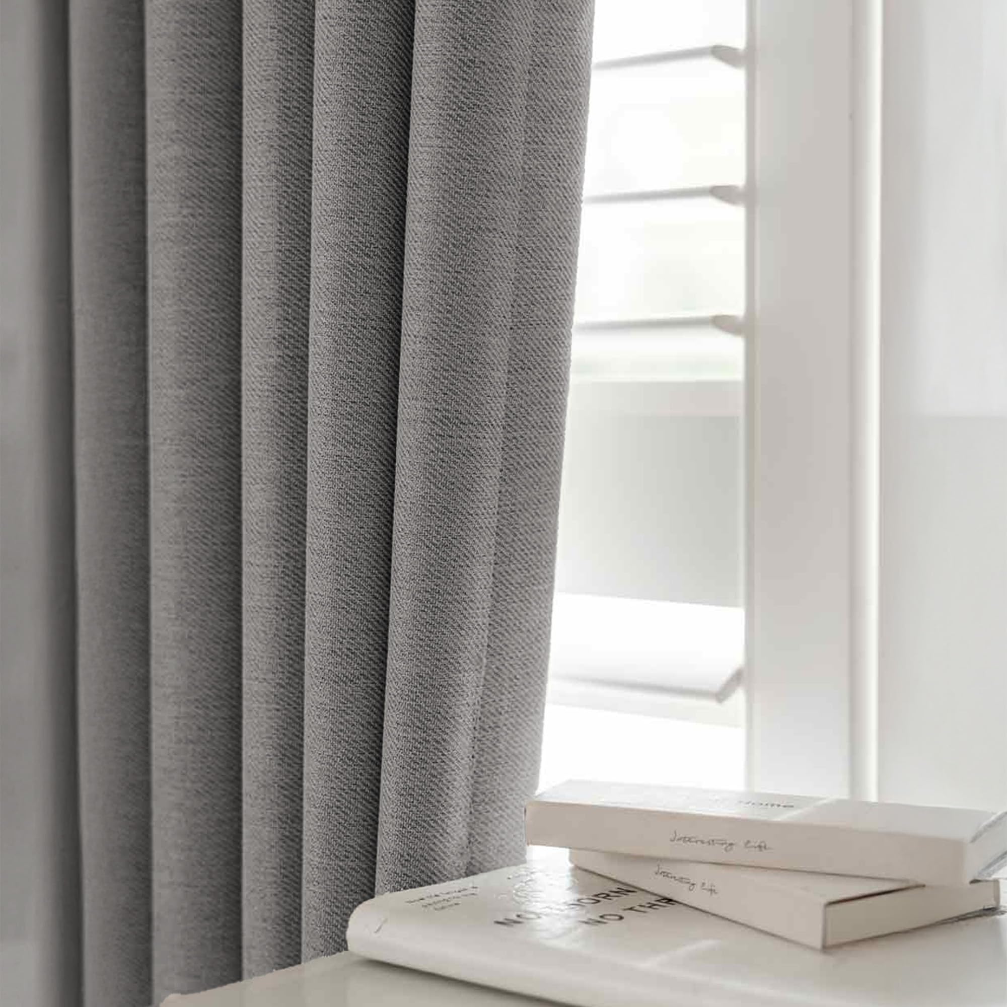 LINENWALAS 100% Blackout Curtains for Window (7 Feet) - Set of 2 Panels, Linen Texture Complete Light Block Heavy Panels, Thermal Insulated & Noise Reducing Room Darkening Curtains (Light Grey)-image-6