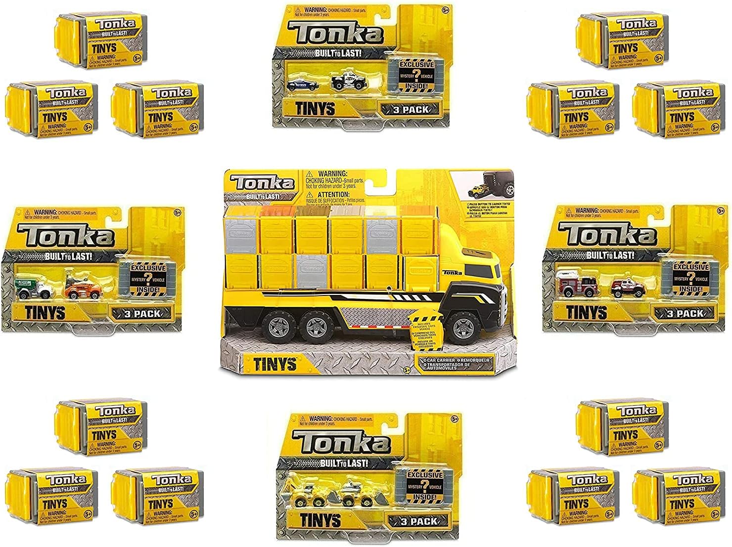 Tonka Tinys 17 Pc Mega Value Gift Set - Tonka Garage Carrier Lorry Truck, All 4 3 Pack Tiny Sets & 12 extra Blind Garage & Vehicles RRP £70