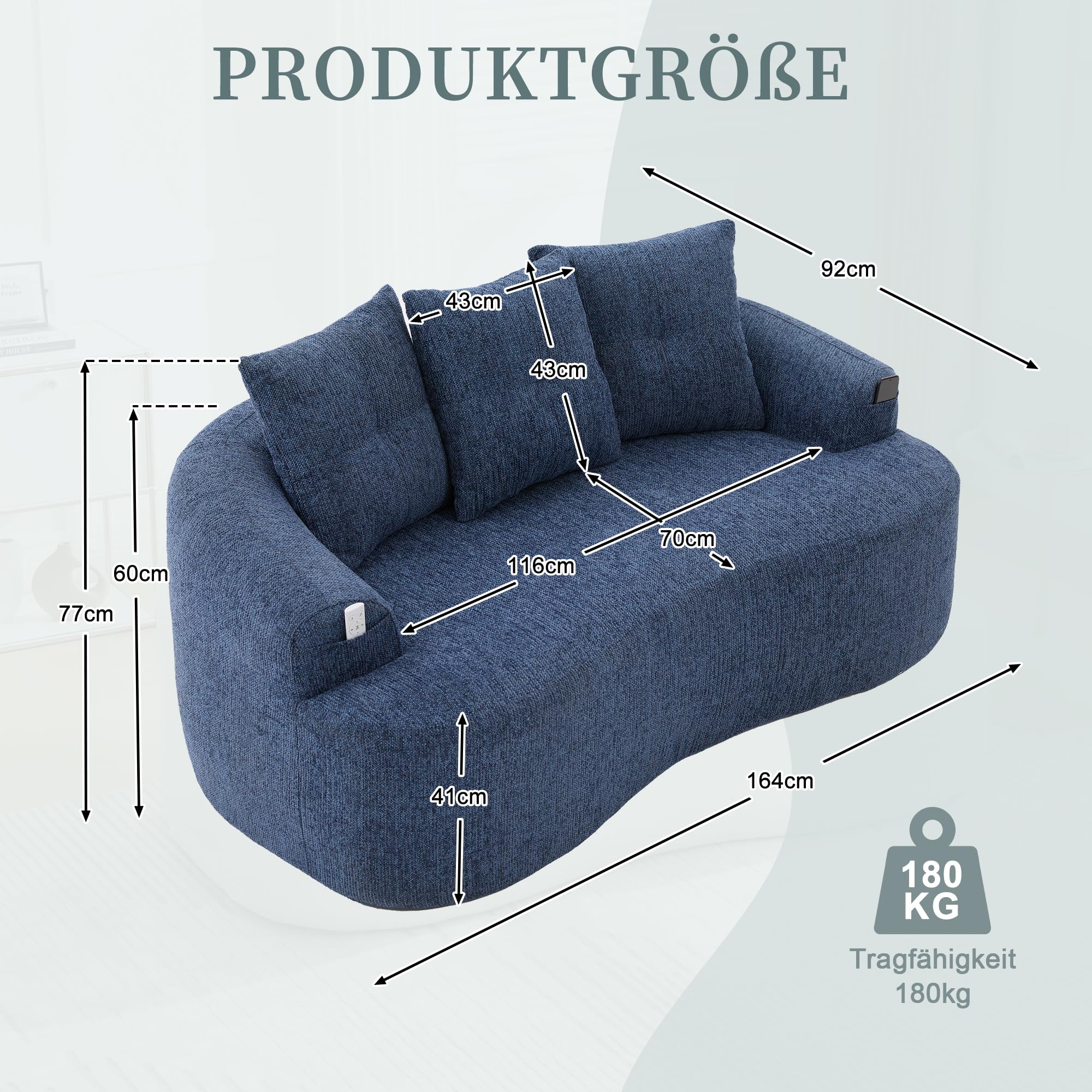 Shye Divano a due posti curvo, in ciniglia blu, motivo nuvola di ciniglia, profondo cuscino rotondo profondo, design compresso senza nucleo a molle, include tre cuscini decorativi, in stile