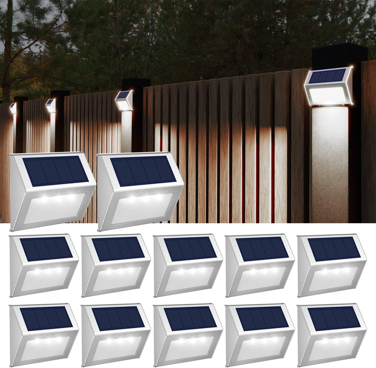 JSOT Solar Fence Lights - 12 Pack Solar Outdoor Light Deck Lights Waterproof Outside Lighting for Garden Backyard Patio Yard Stair Step Wall Railing Post, Cool Light