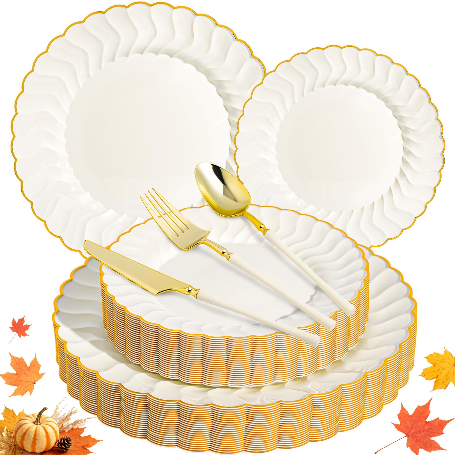 Ivory Scalloped Plates & Gold Disposable Silverware -1
