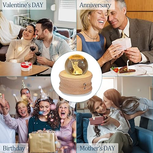 Miniatura 8 de Kibuhain Caja de música de bola de cristal 3D con luz LED de proyección y base de madera giratoria, el mejor regalo para Navidad, cumpleaños, día de