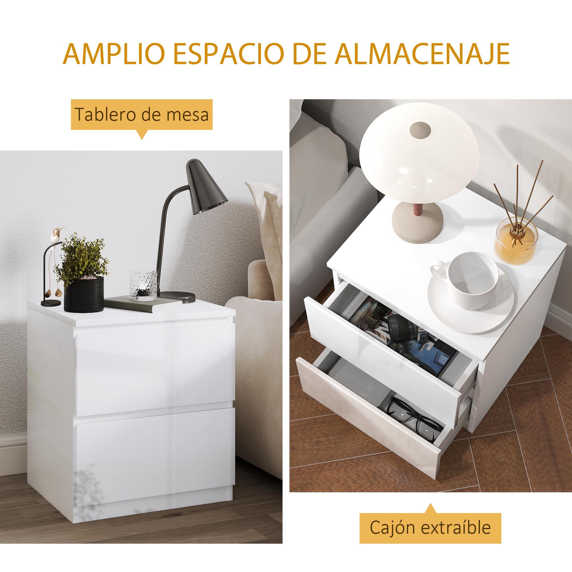HOMCOM Mesita de Noche Moderna Mesilla de Noche con 2 Cajones Mesa de Noche Mesa Auxiliar para Dormitorio Salón 40x34x45 cm Blanco Brillo