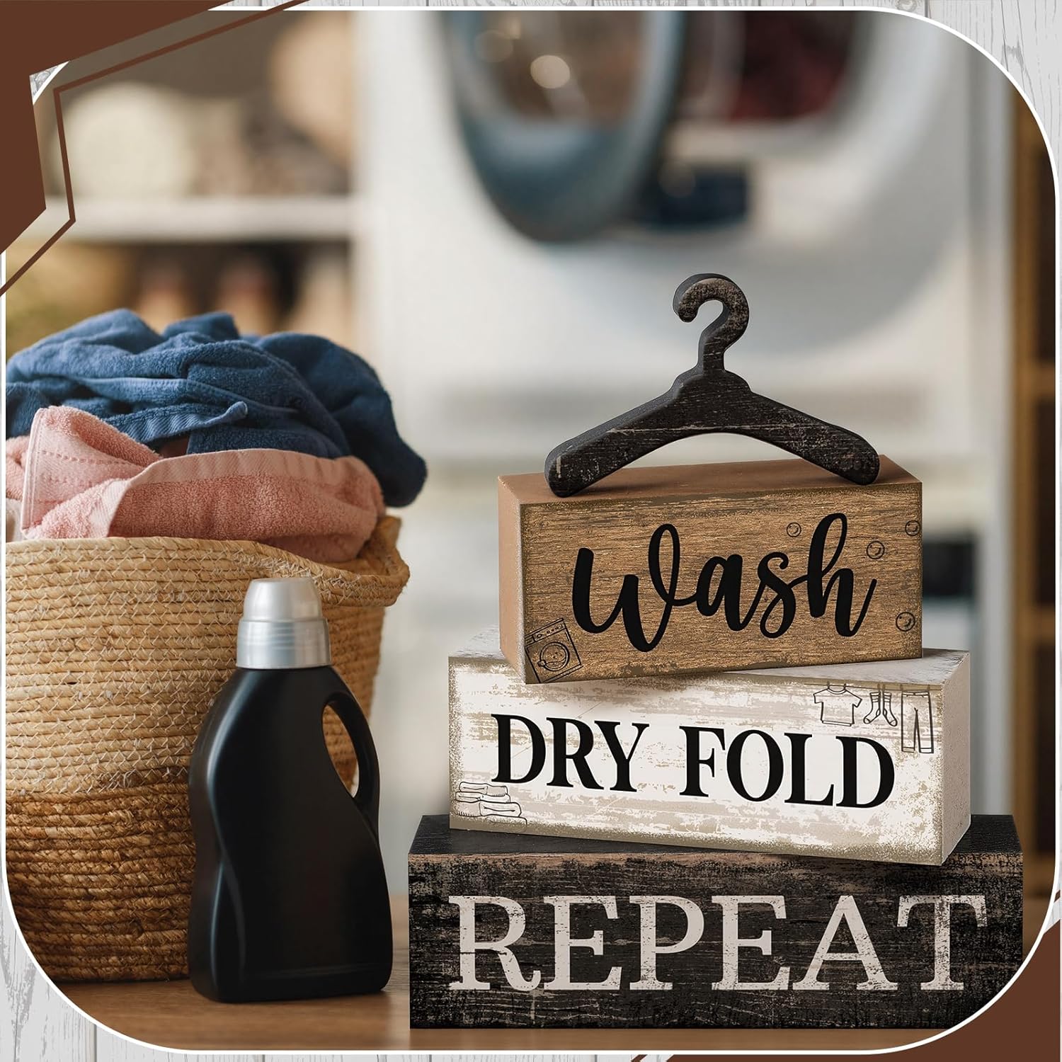Moucuny 4 Pcs Farmhouse Laundry Room Decor Stacked Blocks, Wash Dry Fold Repeat Wooden Sign Set with Vintage Hanger - Rustic Home Shelf Decor for Laundry Area Housewarming Gift