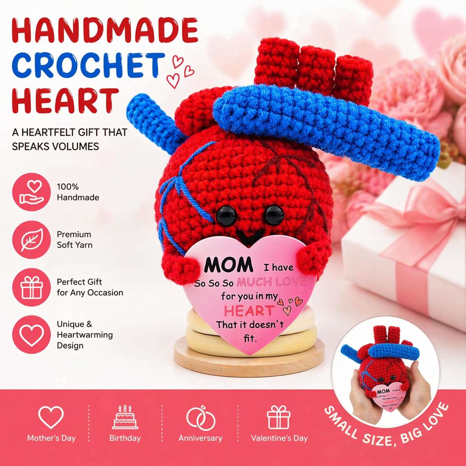Birthday Gifts for Mom Desk Decor Inspirational Crochet Positive Heart Gift for Wife Grandma