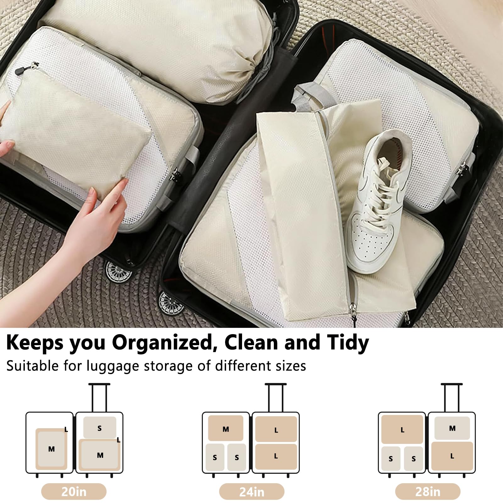8 Teilige Compression Packing Cubes Set,Kleidertaschen,Schuhtaschen,Koffer Organizer Set,Organizer Packing Cubes Compression,für Koffer,Backpack,Reise organizers,Ordnungssystem für Koffers-Beige