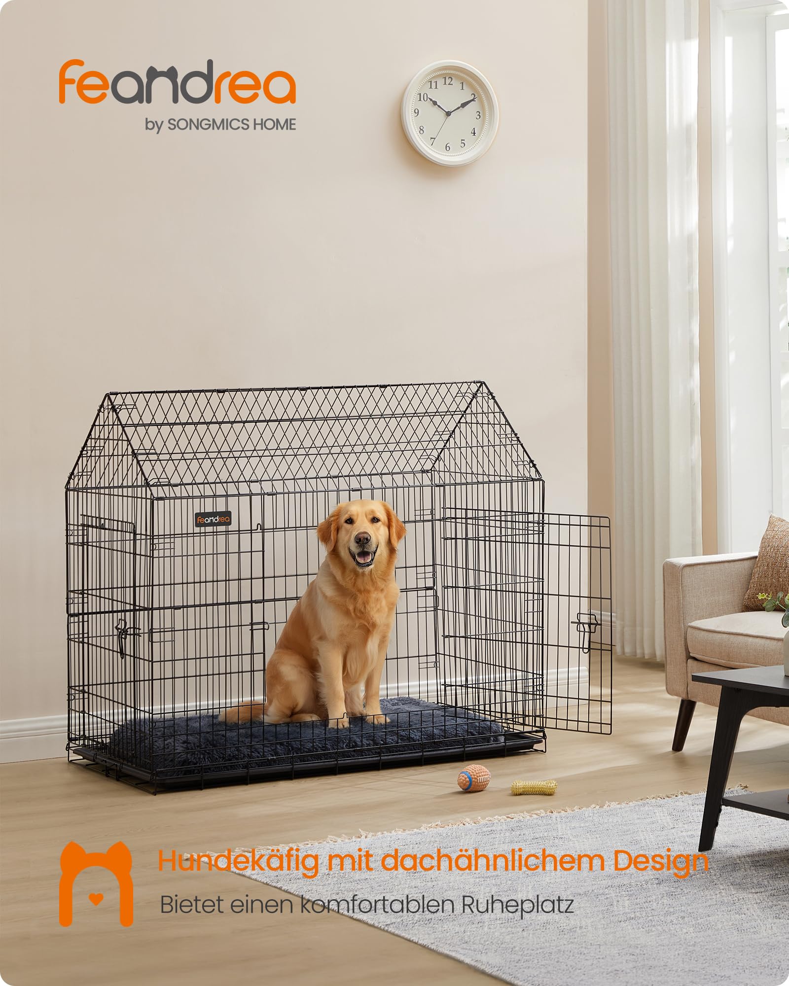 Feandrea Hundekäfig, Hundebox, 120 x 72,5 x 109 cm, Metall, Haustierkäfig faltbar, XXL, für große Hunde, mit Doppeltür, leicht zu reinigen, für Zuhause, Auto, tintenschwarz PPD015B01