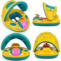 Boia Infantil para Piscina Bebê com Cobertura Toldo Proteção Solar UV e Volante, Bote Inflável Seguro com Assento Fralda Ergonômico, Suporta 26kg, Crianças de 6 Meses a 3 Anos (Amarelo e Azul)