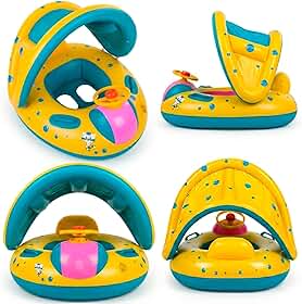 Boia Infantil para Piscina Bebê com Cobertura Toldo Proteção Solar UV e Volante, Bote Inflável Seguro com Assento Fralda Ergonômico, Suporta 26kg, Crianças de 6 Meses a 3 Anos (Amarelo e Azul)