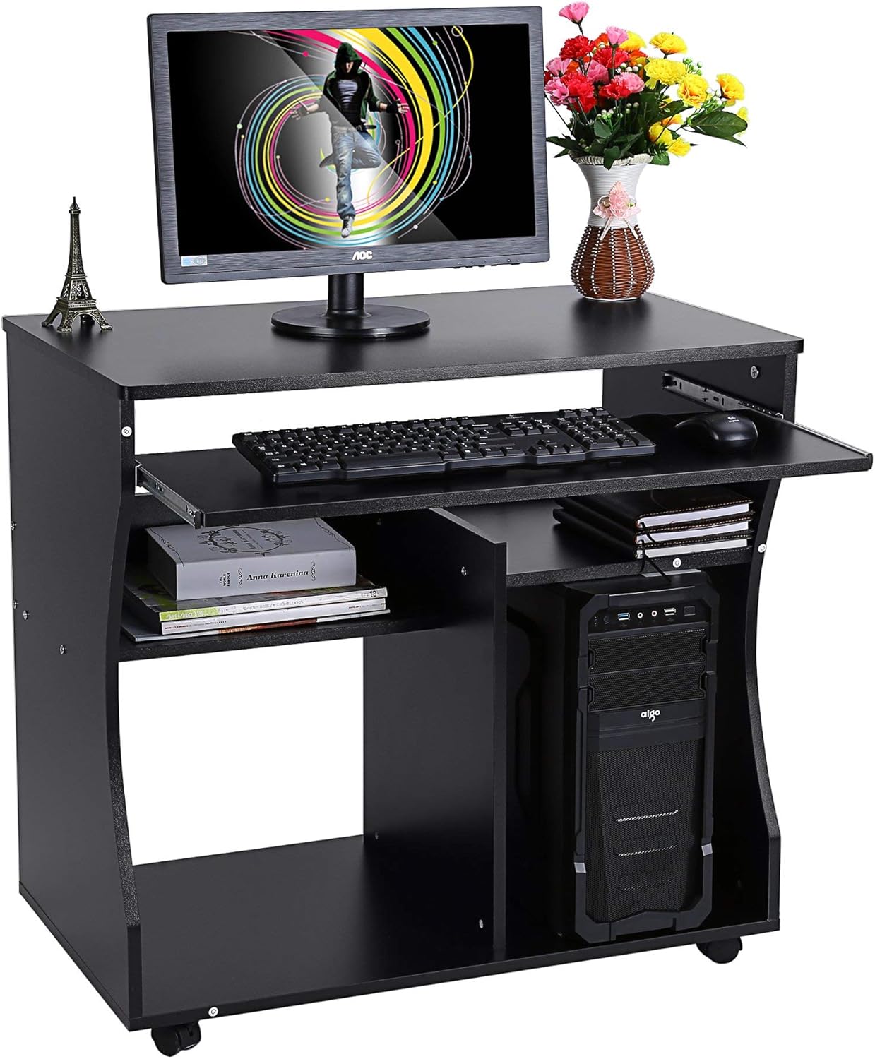 Wooden Portable Computer Trolley Desk Keyboard Storage Shelves with