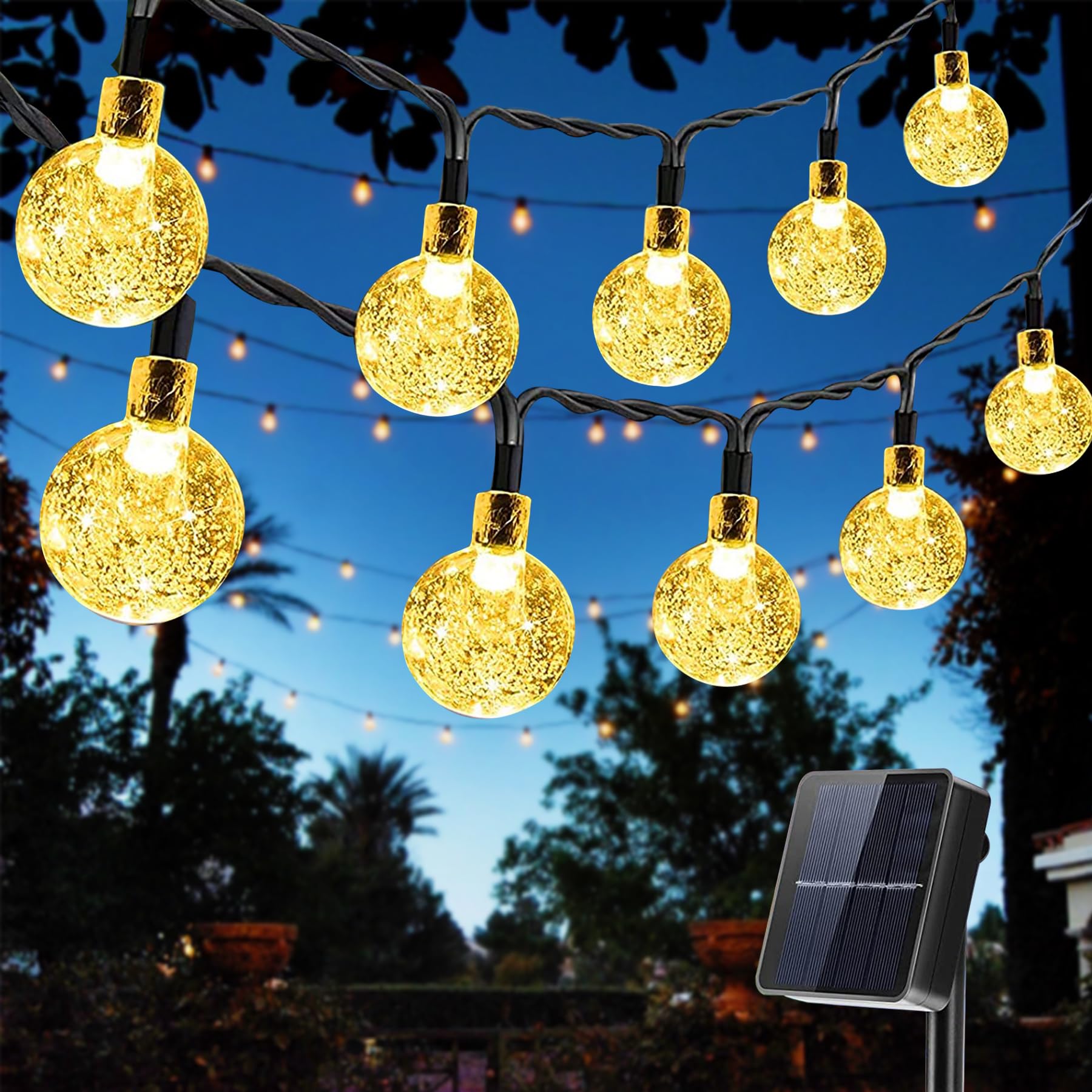 Guirnalda de luces solares para exteriores, 50 LED, 8 modos, IP65, impermeable, bolas de cristal, cadena de luces para exteriores/interiores, decoración para jardín, fiesta, árbol, boda (blanco