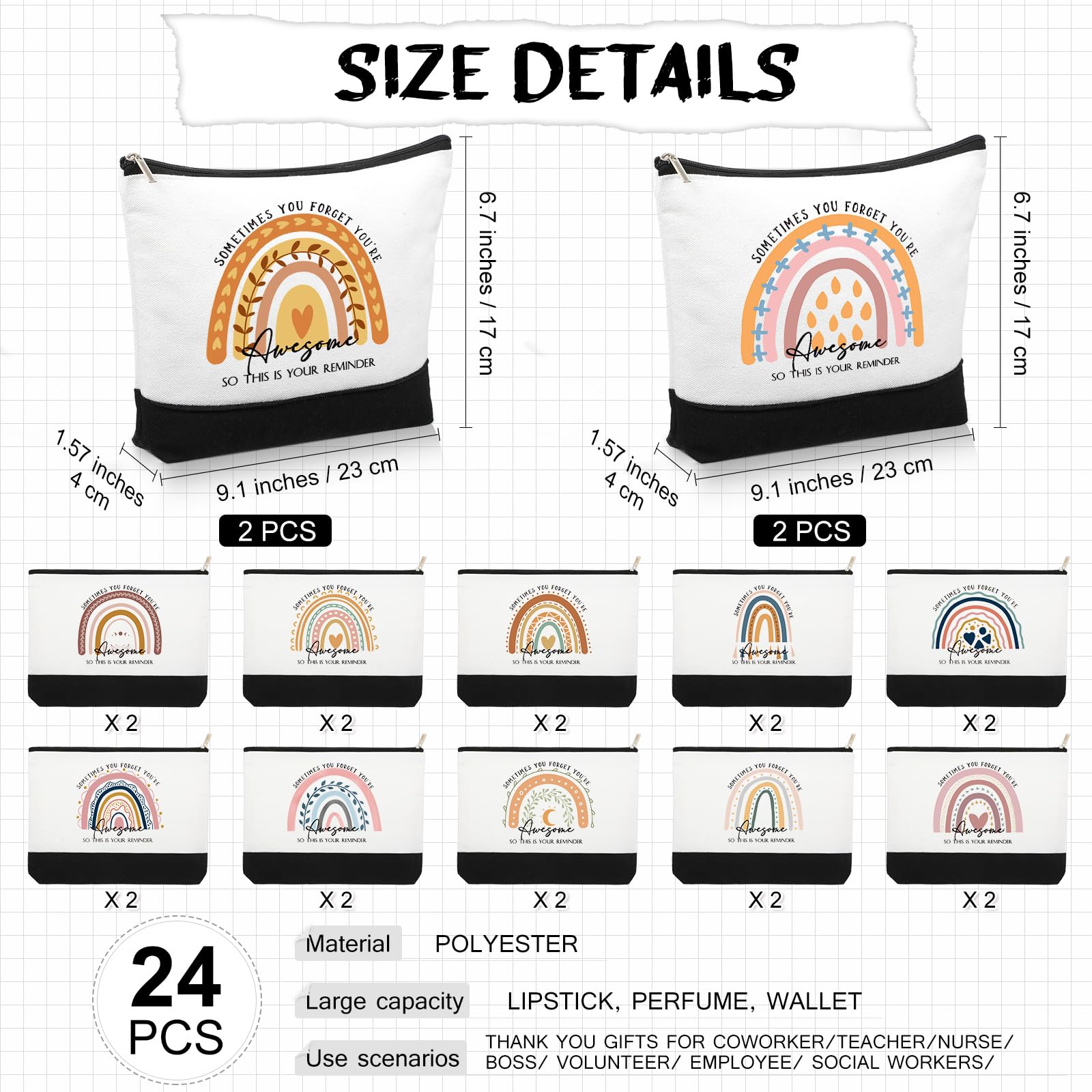 Roowest 24 Pcs Teacher Appreciation Gift Thank You Makeup Bags Inspirational Gift Sometimes You Forget You're Awesome Sign Cosmetic Bags for Teacher Coworkers Women Nurse Secretary(Rainbow)