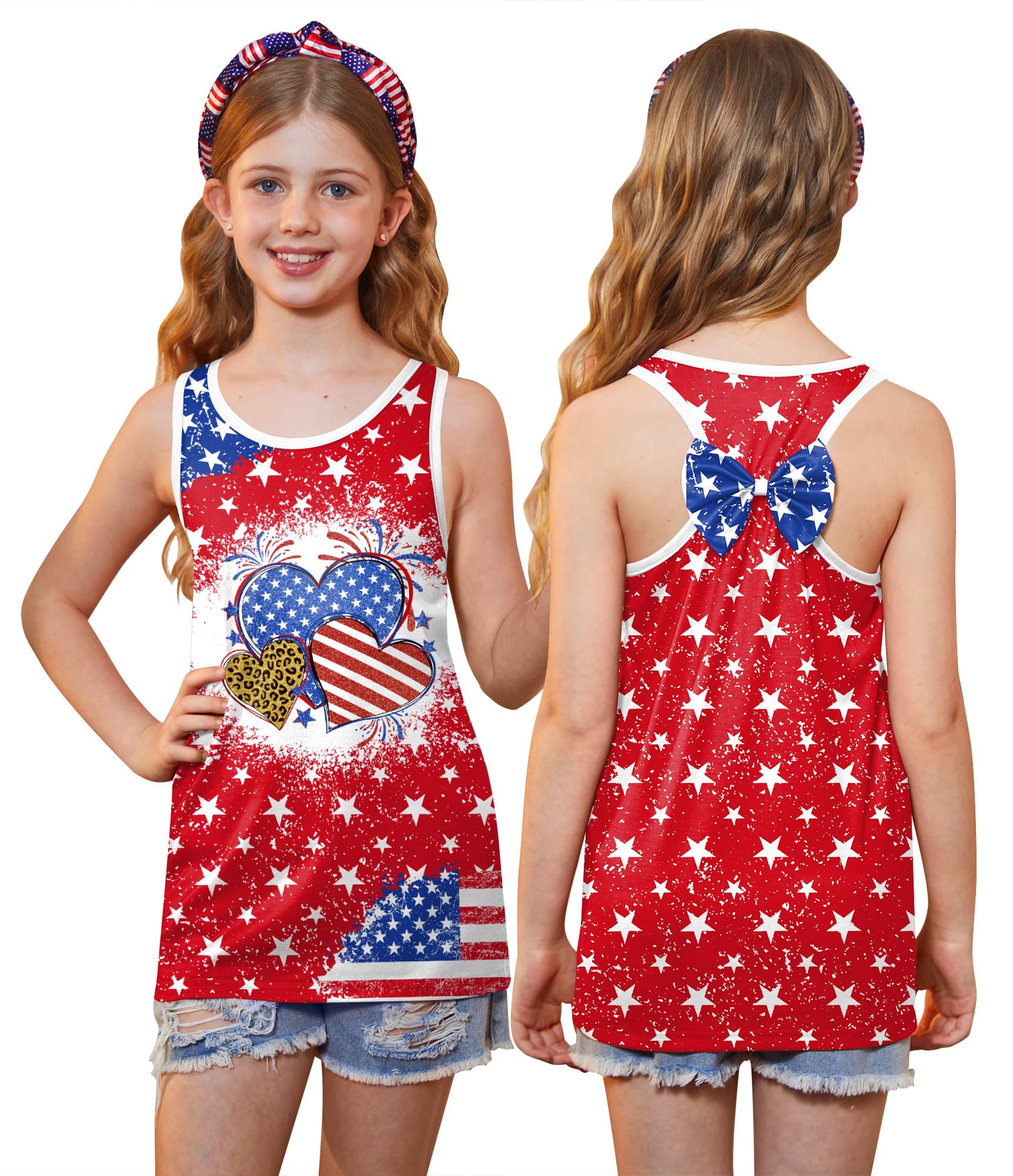 4th of July Girls Flag Tank Top Back Bow Sleeveless Patriotic Holidays T-Shirt 4-14 Years