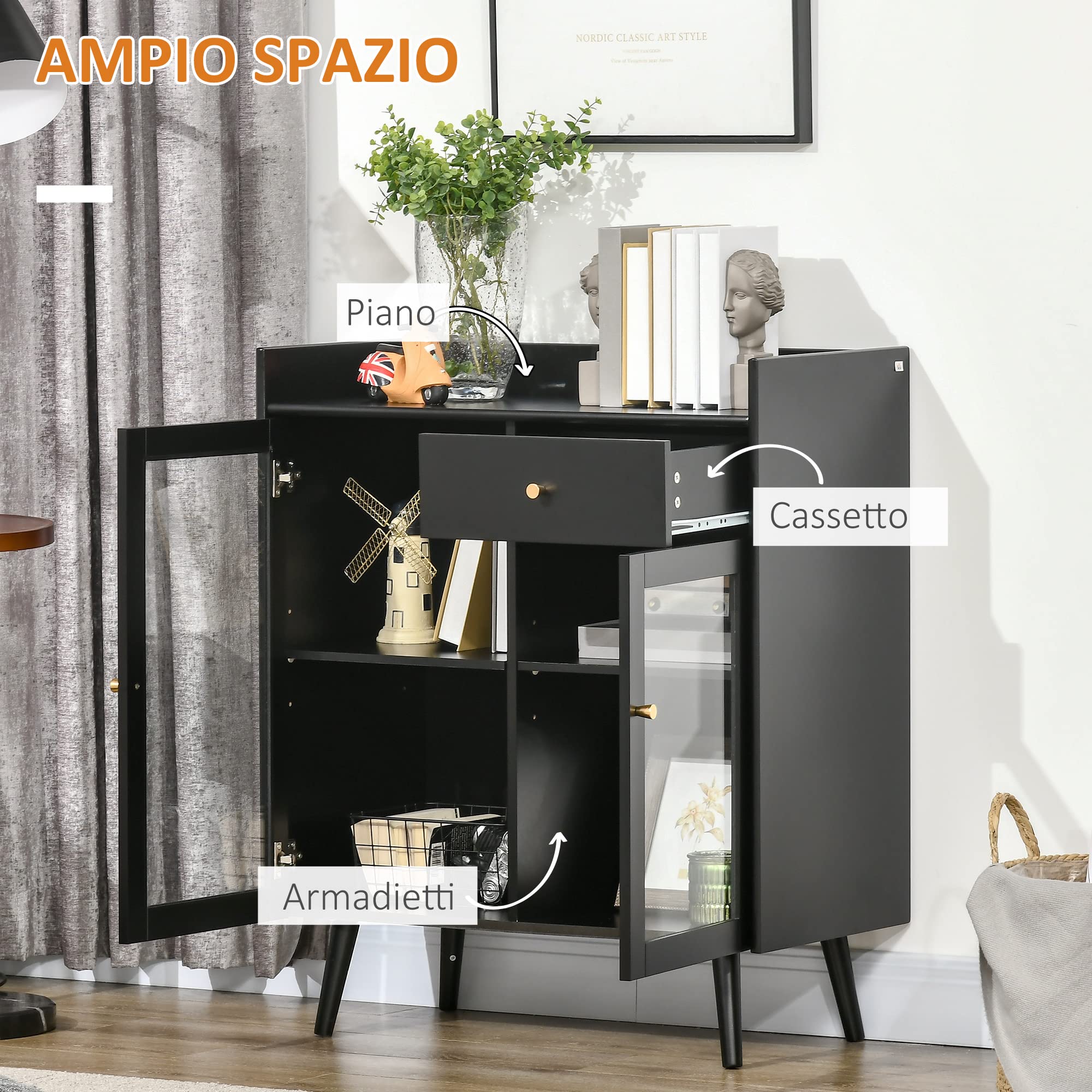 HOMCOM Armadietto Due Ante con Ripiano Regolabile, Piano d'Appoggio e Spazi Aperti in MDF e Legno, 80x40x94.3cm, Nero