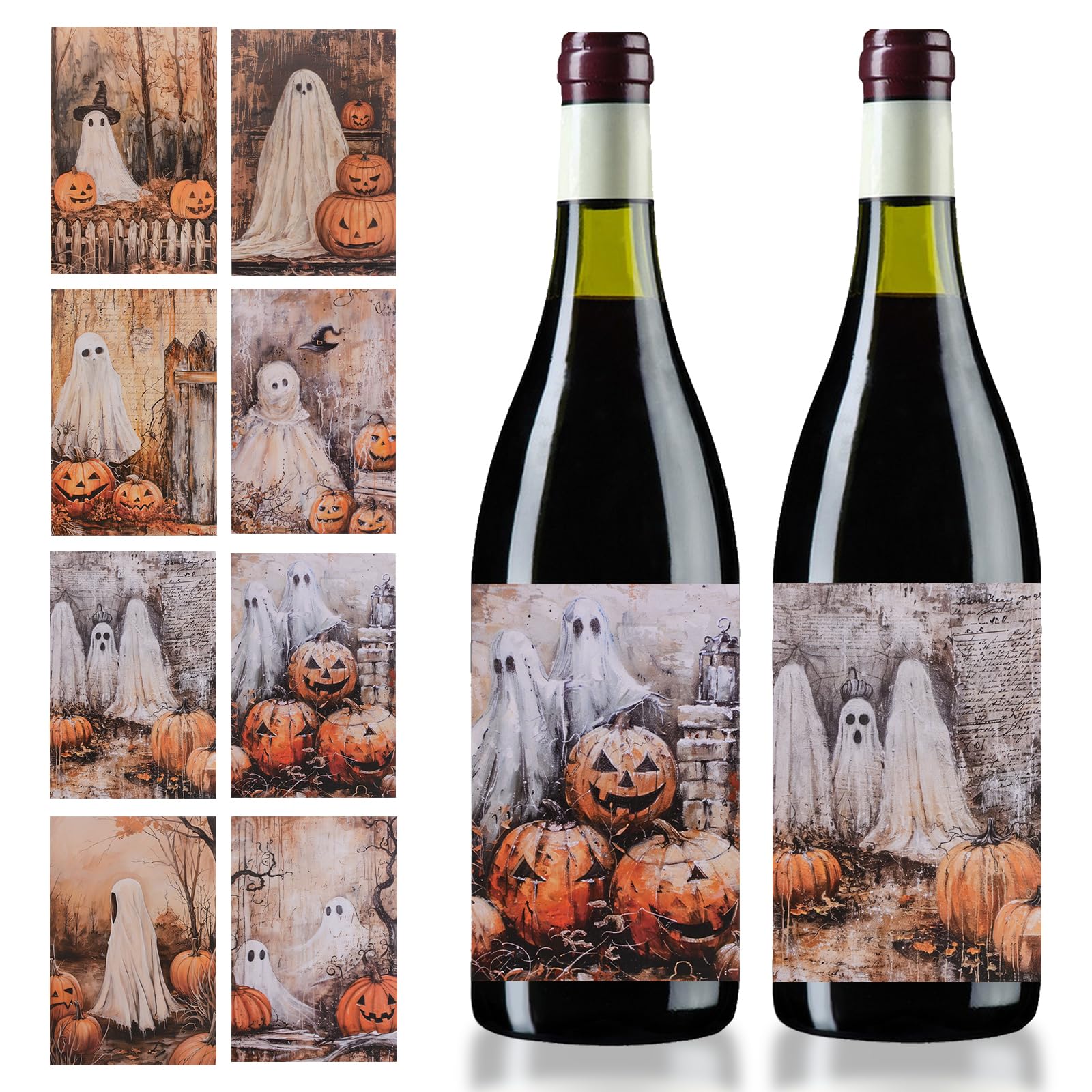 URROMA 32 Pcs Halloween Wine/Beer Bottle Labels Vintage Bottle Label Stickers with Pumpkin Ghost Spider Patterns for Halloween,8 Styles