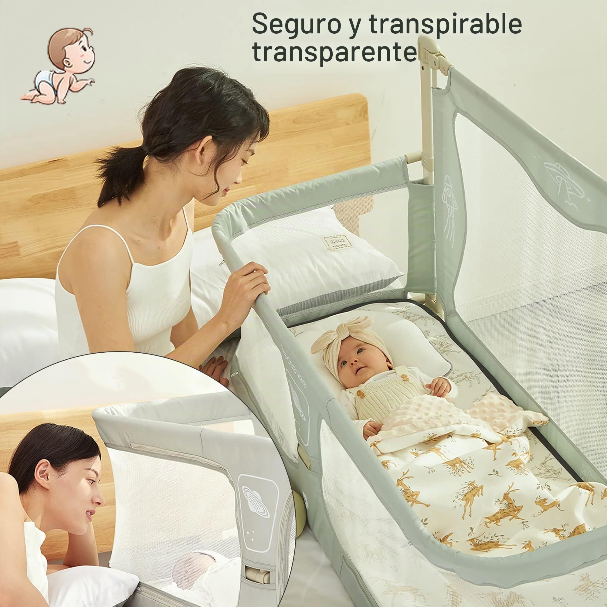 3 En 1cuna bebe,120x50cm,Cuna colecho,cuna de viaje,minicuna colecho,moises para bebe,cuna plegable,parque cuna,next To Me,cama cuna convertible,corral cunabebe,portátil,Paneles de Malla,plegado fácil