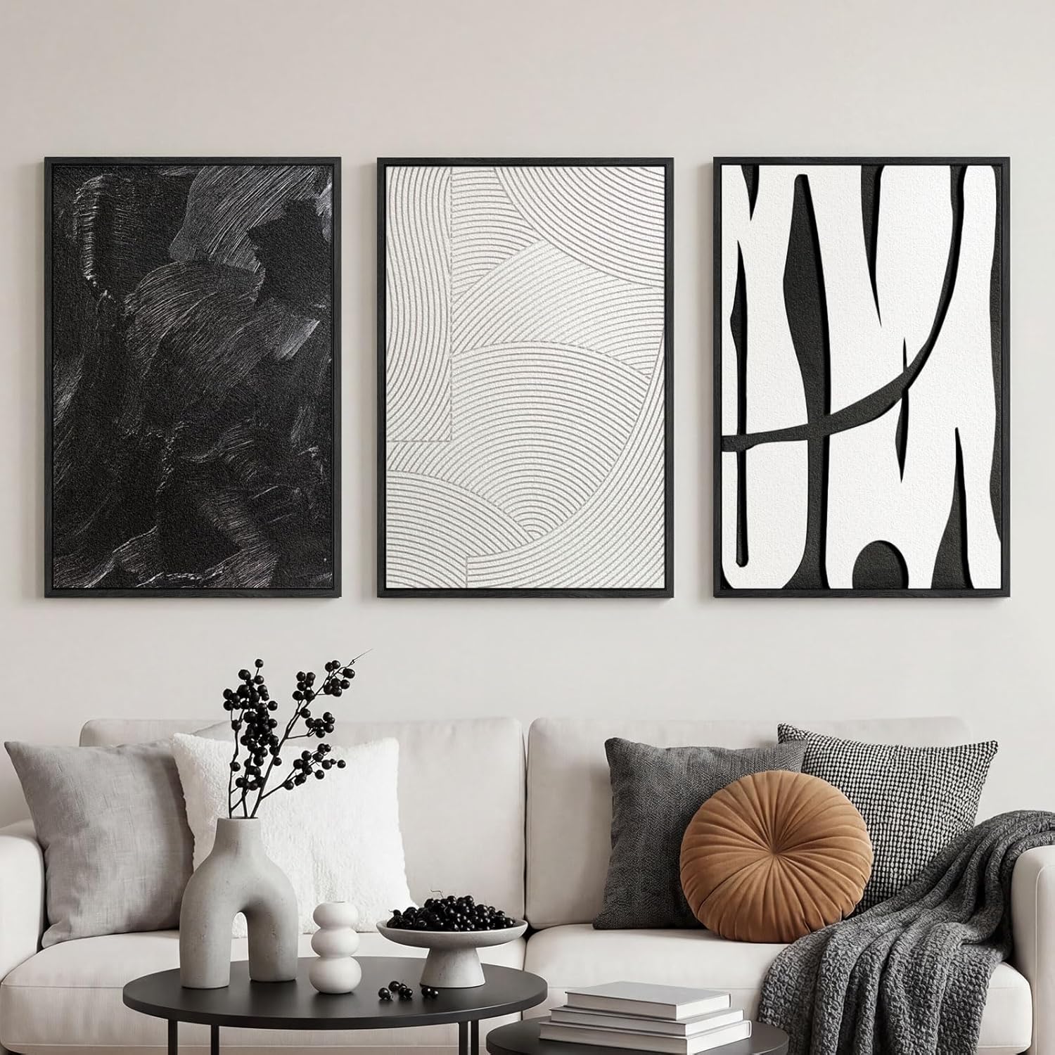 Modern Textured Wall Art Triptych, Mixed Technique Wall Panels Carved and Layered Sandstone Designs, Black White Abstract Geometric Wall Decor, Solid Wood Framed Sculptural Decor 24x36 Each