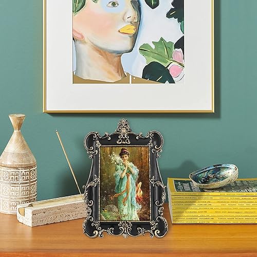 Miniatura 5 de Marcos de fotos de 5 x 7, marcos de fotos de estilo victoriano para fotos de 5 x 7, marco de pared y mesa con vidrio (acabado negro y dorado)