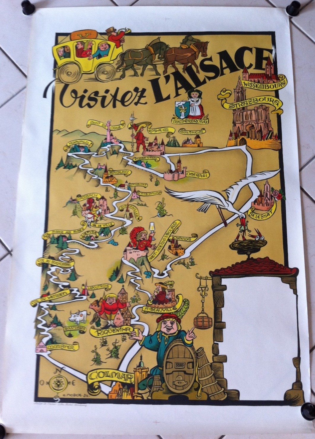 Carte Alsace 1954 lithographie originale Eugène Noack affiche 66x102 cm