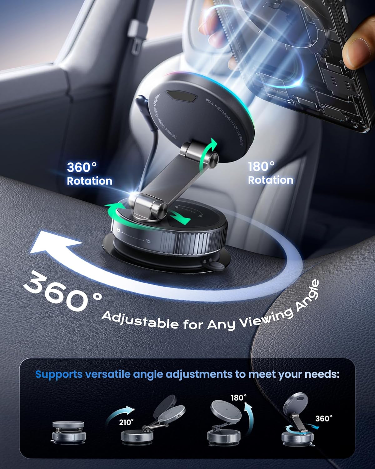 avedio links Magnetic Phone Charging Holder Mount for Car, 360° Vacuum Magnetic Phone Holder, Qi1 15W Fast Wireless Charger for car Magsafe Suction Cup Phone Mount for iPhone 17 Pro Max Air 16-12 - Image 4