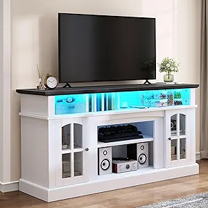 DWVO Farmhouse TV Stand for 65 Inch Television w/Outlets, LED Modern Entertainment Center with Glass Doors and Adjustable Storage Shelves, Media Console TV Cabinet for Living Room, White/Black