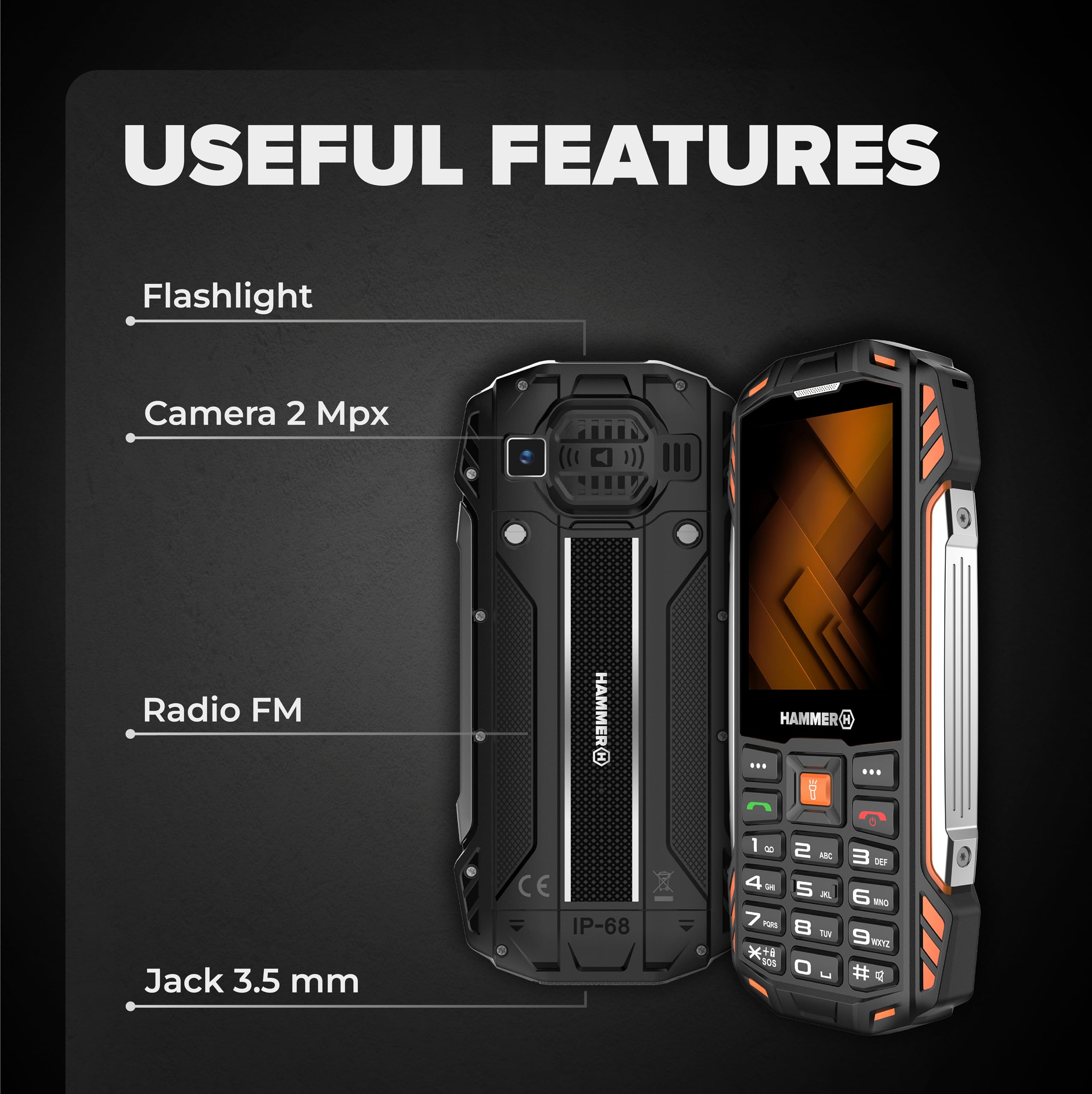 Hammer H Forge Telefono cellulare da esterno, senza contratto, 32 GB, batteria da 3200 mAh, display TFT da 2,4", torcia, IP68, radio FM, jack da 3,5 mm, 2 MP, USB-C, doppia SIM, antipolvere