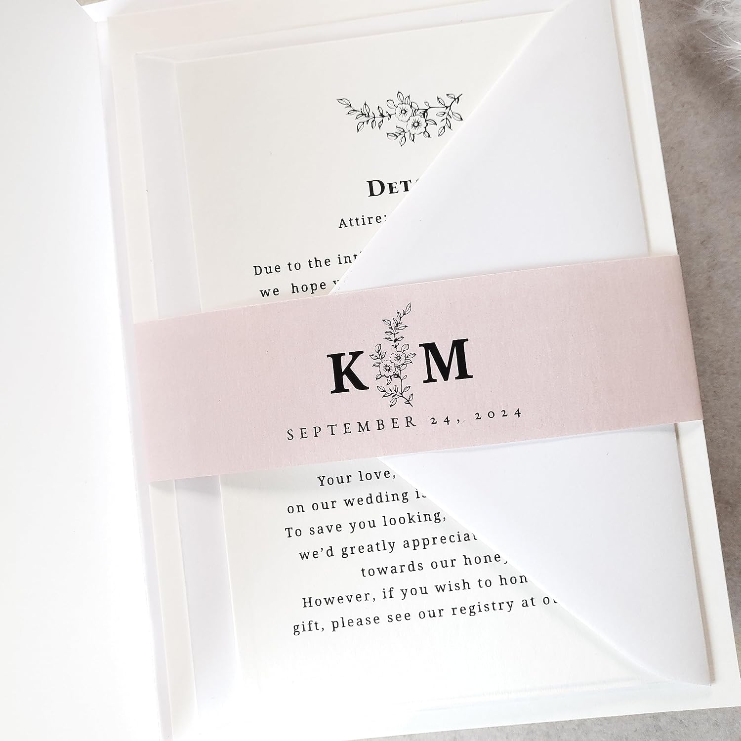 10 PCS Personalized Wedding Invitations with Envelopes and RSVP Cards, Custom Blush Pink Sage Lilac Belly Bands, Vellum Jackets 5x7, Wax Seals, Customizable DIY Custom Wedding Invites (5"