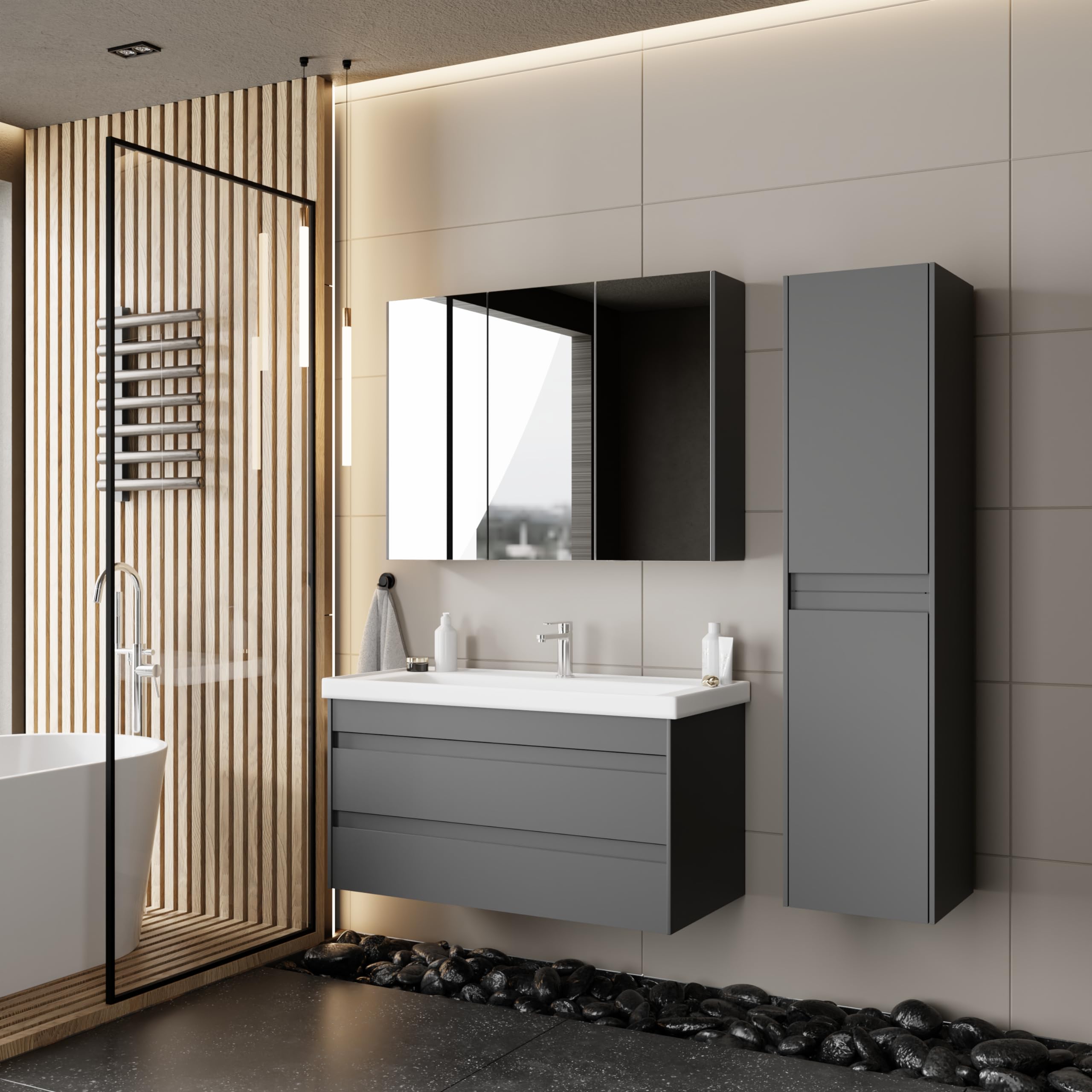 Badezimmermöbel Set Lara 100 Anthrazit | Keramikwaschbecken | Unterschrank | Spiegelschrank | Softclose-Schubladen & -Türen & unsichtbare Griffe | Moderner Stil | Badmöbel Waschtisch