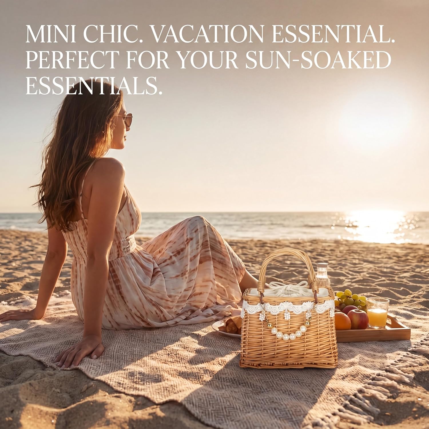 Women's Handwoven Rattan Boho Bag - Rattan Beach Tote & Summer Clutch Purse, Rectangular Wicker Basket Bag