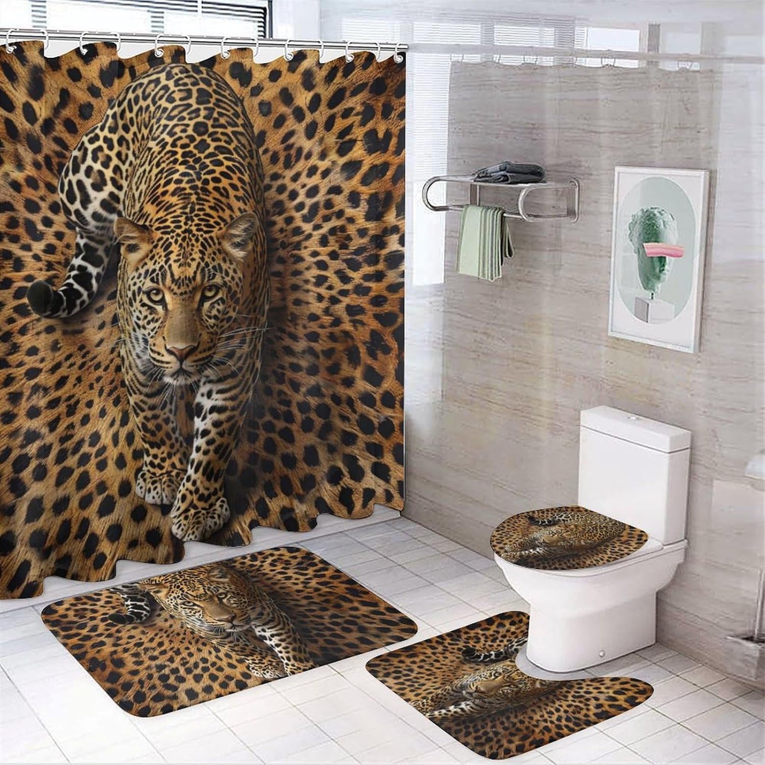 4Pcs Cheetah Wild Animal Shower Curtain Set with Rugs, Toilet Lid Cover and Bath Mat, Leopard Print Novelty Bathroom Curtains Decor Shower Curtains, 72" x 72"