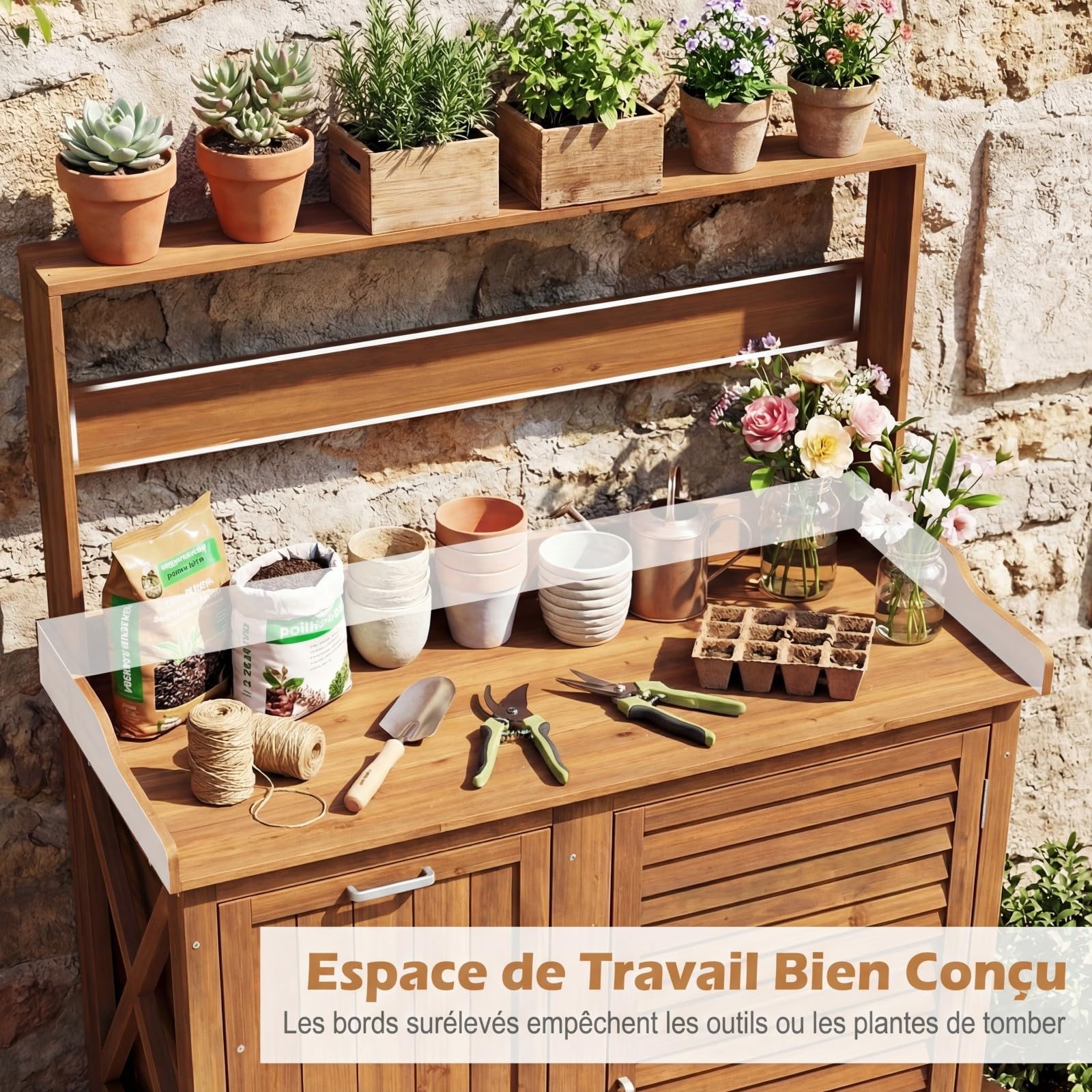 GOPLUS Table de Rempotage en Bois Exterieur, 100x38x118CM, Table de Jardinage avec Plan de Travail, Bord Surélevé, Armorie 2 Étagère Réglable à 3 Niveaux, Compartiment Pratique Incliné, Charge 40KG