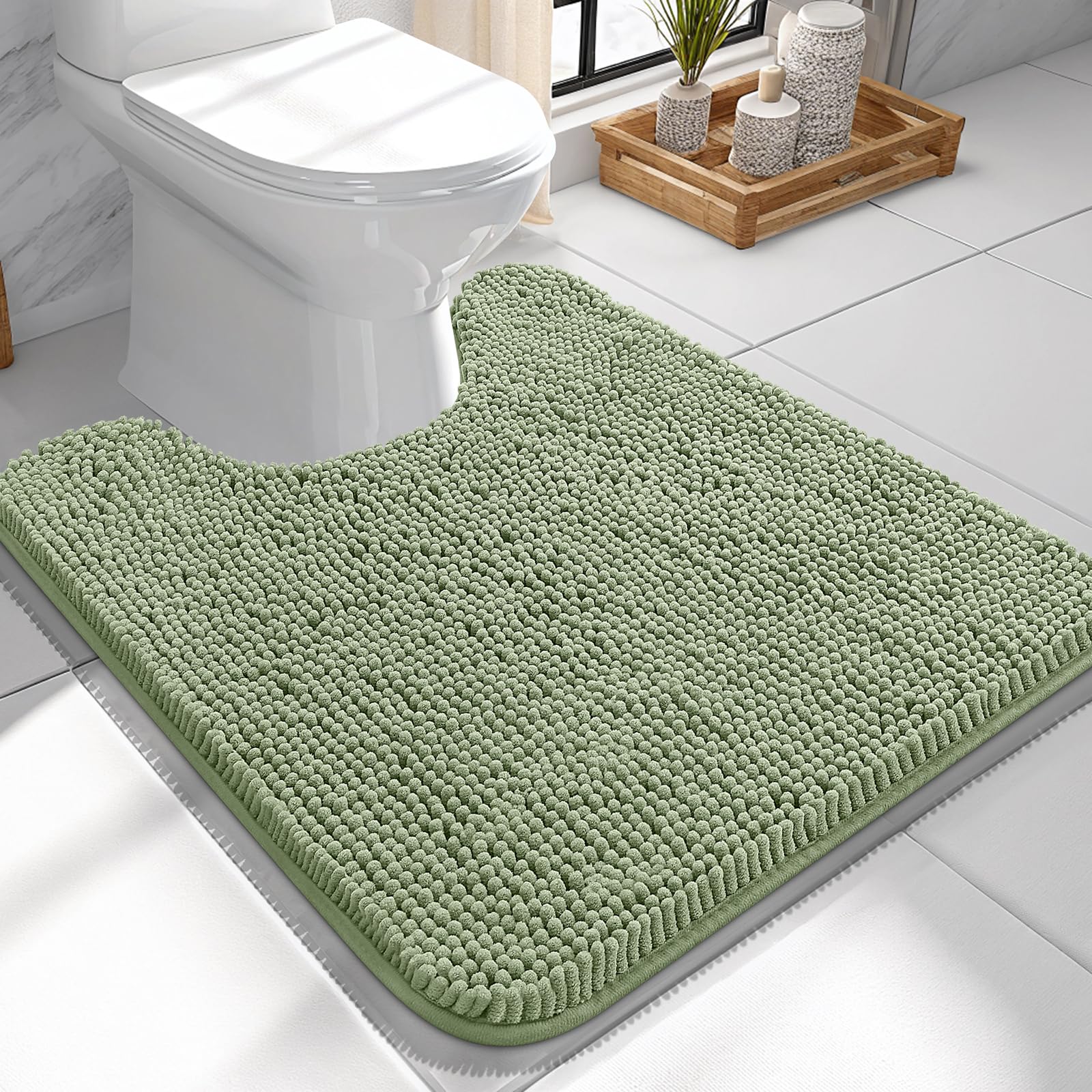OLANLY Toilet Rugs U-Shaped 24x24, Extra Soft Absorbent Chenille Contour Bathroom Rugs for Toilet, Dry Quickly, Machine Washable, Non-Slip Bath Mat,