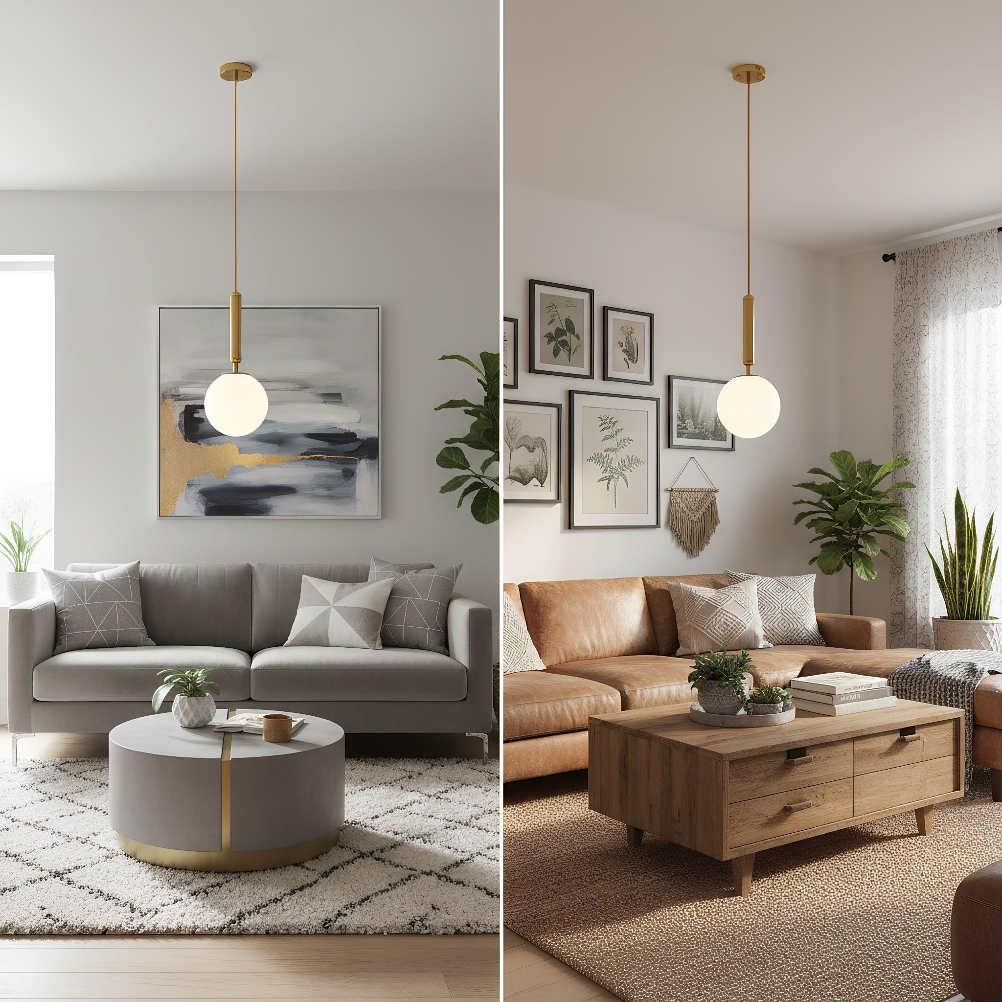 Lámpara Colgante Dorada Moderna, Pantalla Esférica de Cristal Blanco, Lámpara de Techo Colgante E27 para Dormitorio, Comedor, Sala de Estar y Cocina