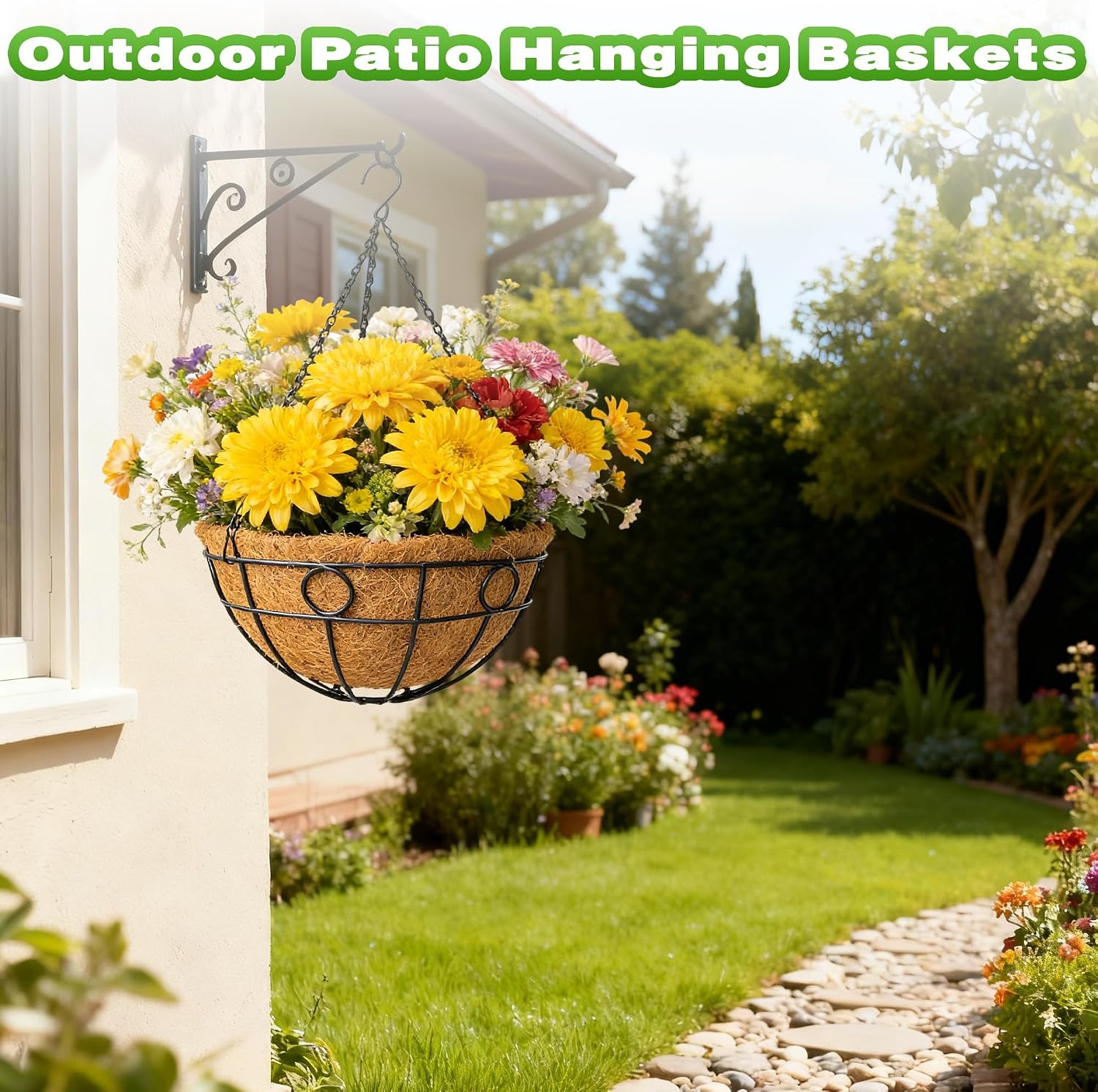 2 Pack 12 Inch Metal Outdoor Hanging Baskets Black Heavy Duty Hanging Planters with Coco Liners for Indoor Outdoor Plants Gardens Patios Terraces（Round）