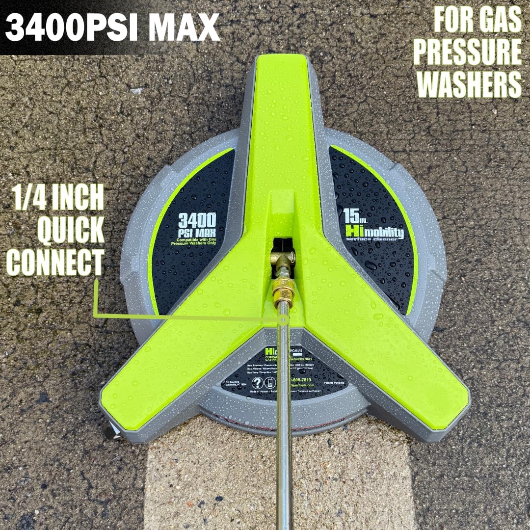 15" Gas Pressure Washer Surface Cleaner with Wheels 3400 PSI Max, Surface Cleaner for Power Washer Attachment for Concrete, Patio, Sidewalk, and Driveways