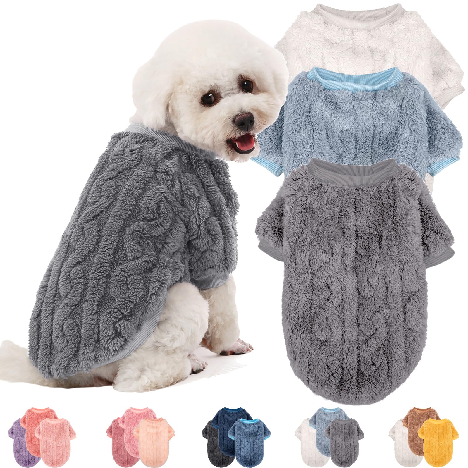 JAMPAYANG Dog Sweater, 3 Pack Dog Sweaters for Small Dogs or Cats, Girl or Boy, Warm Dog Clothes Shirt Coat for Winter Christmas (Light Grey, Light